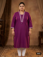 Plus Size Cotton Purple Embroidered Straight Kurta-100107