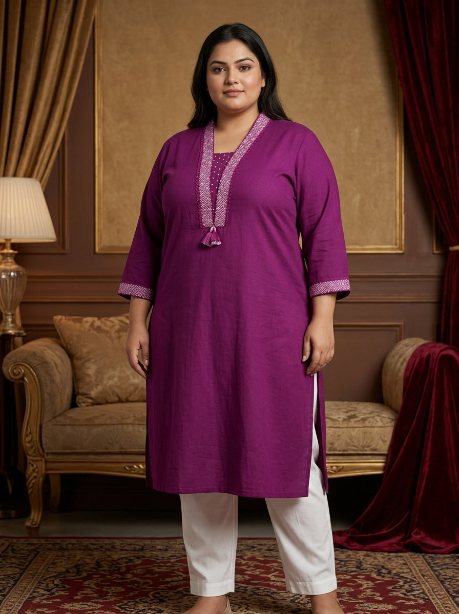 Plus Size Cotton Purple Embroidered Straight Kurta-100107