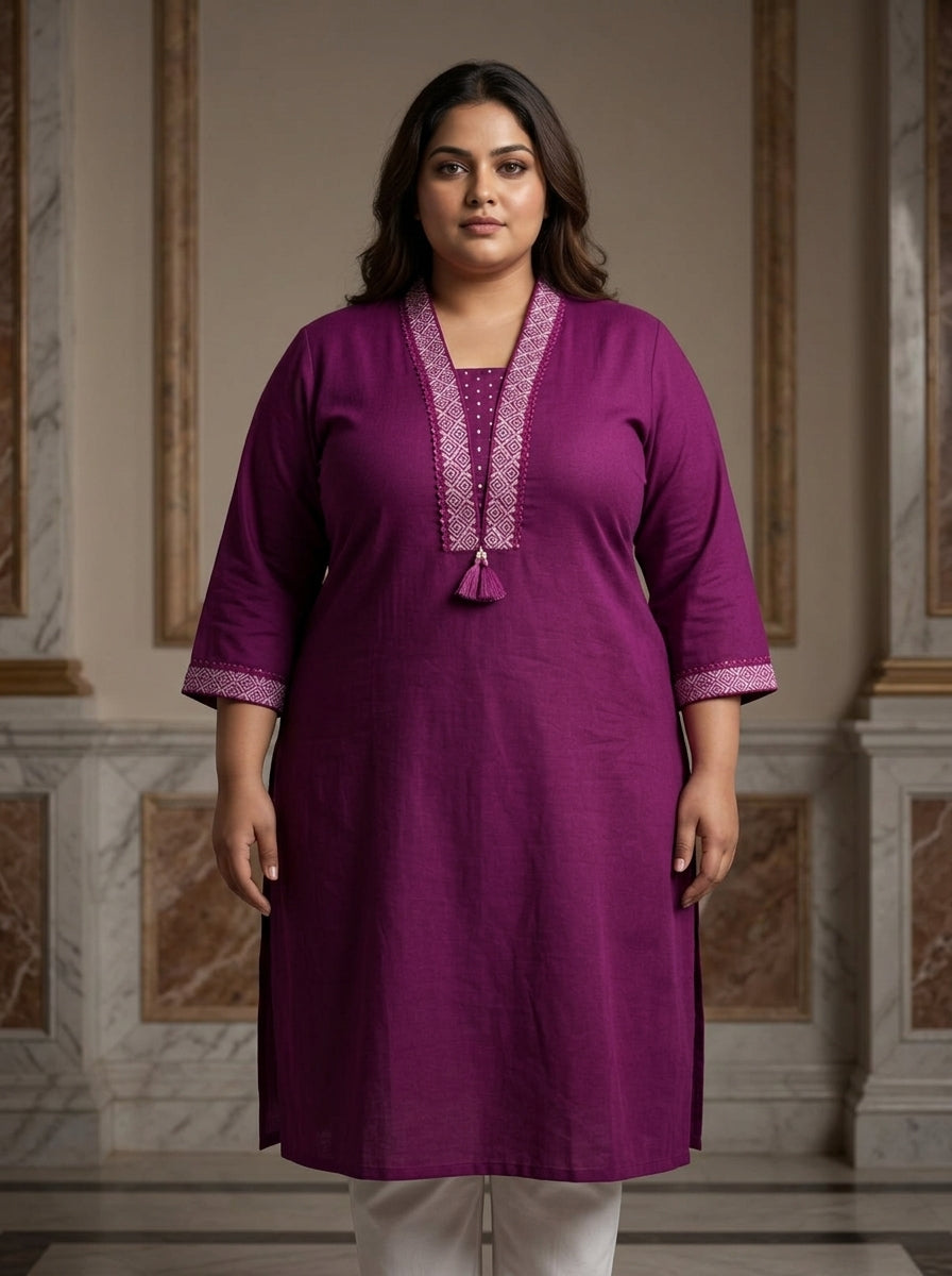 Plus Size Cotton Purple Embroidered Straight Kurta-100107