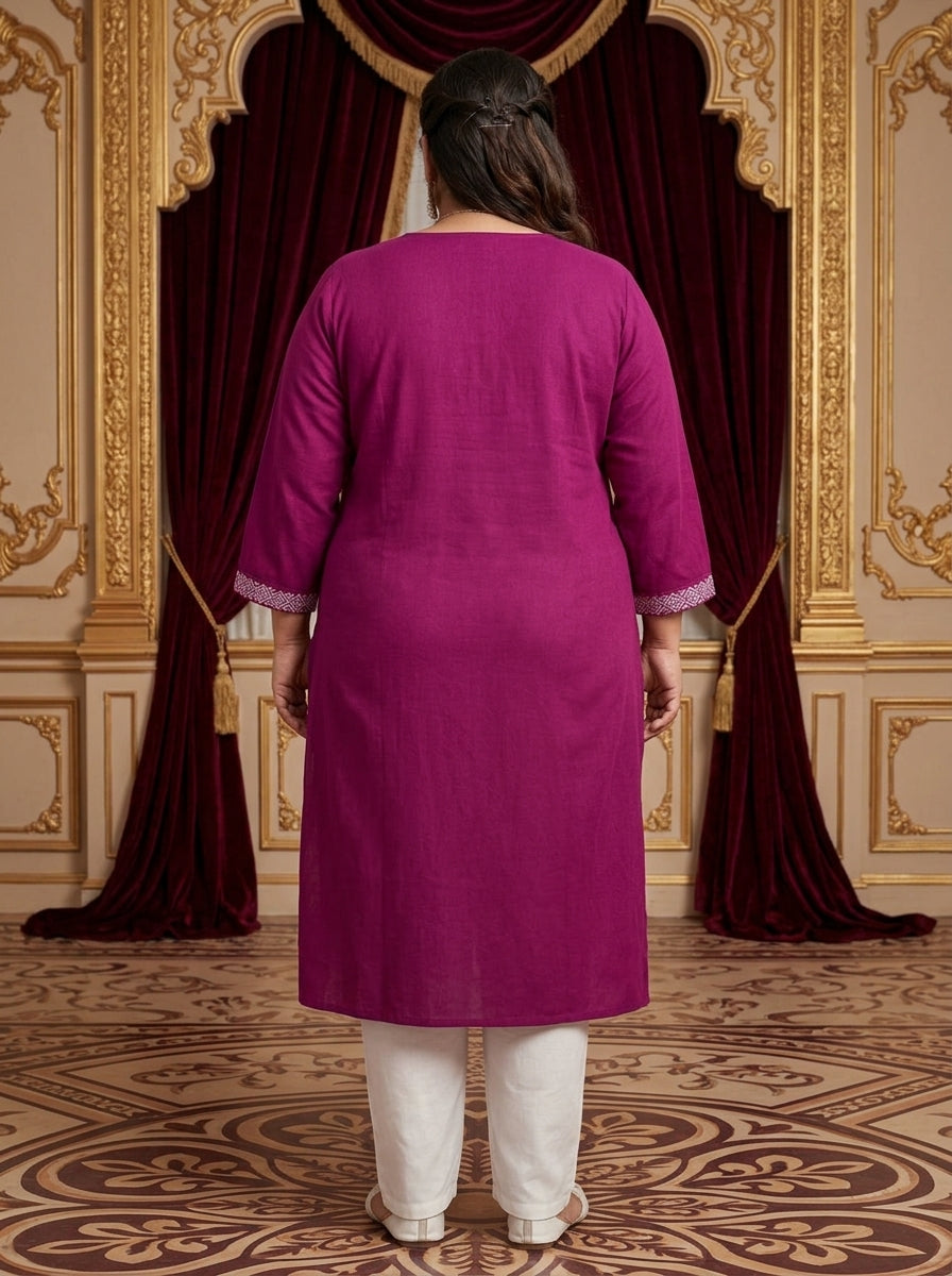 Plus Size Cotton Purple Embroidered Straight Kurta-100107