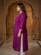 Plus Size Cotton Purple Embroidered Straight Kurta-100107