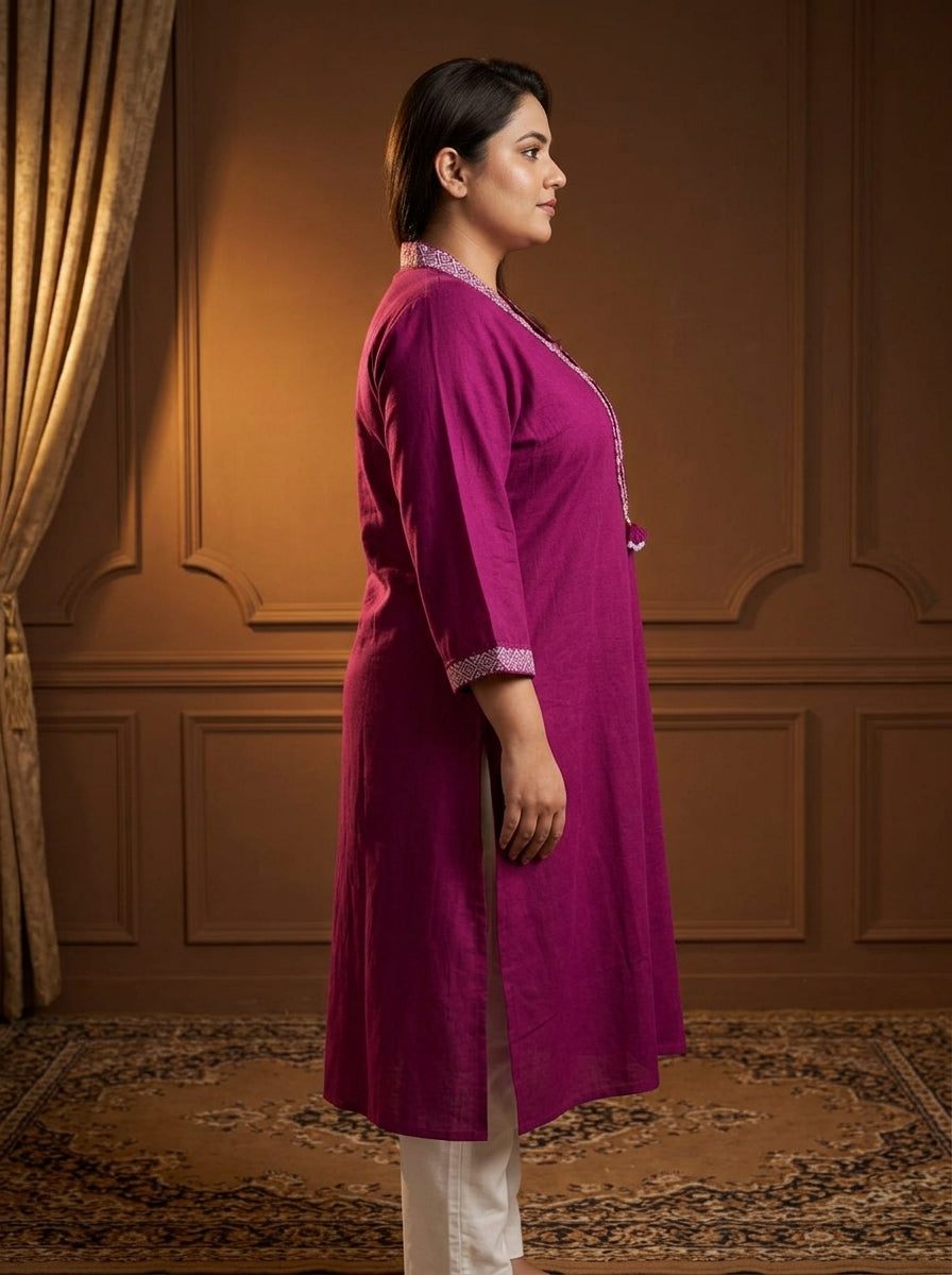 Plus Size Cotton Purple Embroidered Straight Kurta-100107