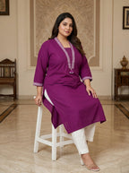 Plus Size Cotton Purple Embroidered Straight Kurta-100107