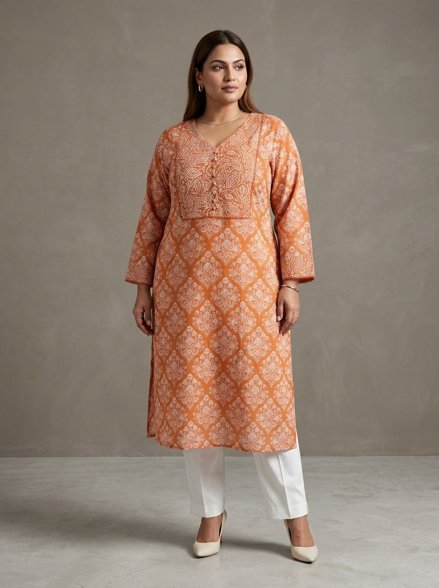 Orange Cotton Floral Print Plus Size Straight Kurta-100109