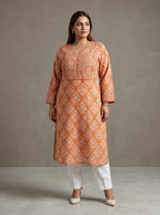 Orange Cotton Floral Print Plus Size Straight Kurta-100109
