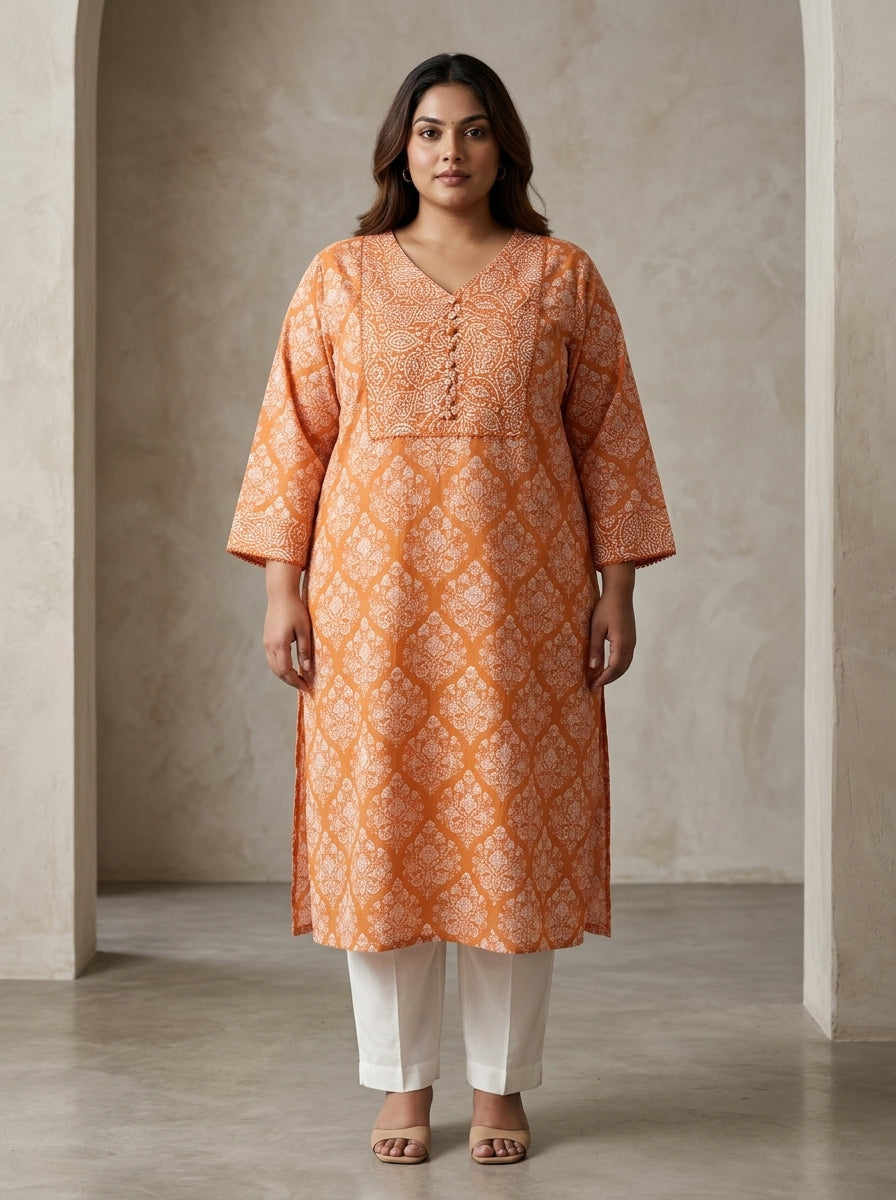 Orange Cotton Floral Print Plus Size Straight Kurta-100109