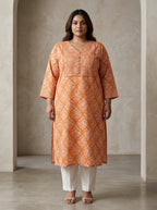 Orange Cotton Floral Print Plus Size Straight Kurta-100109