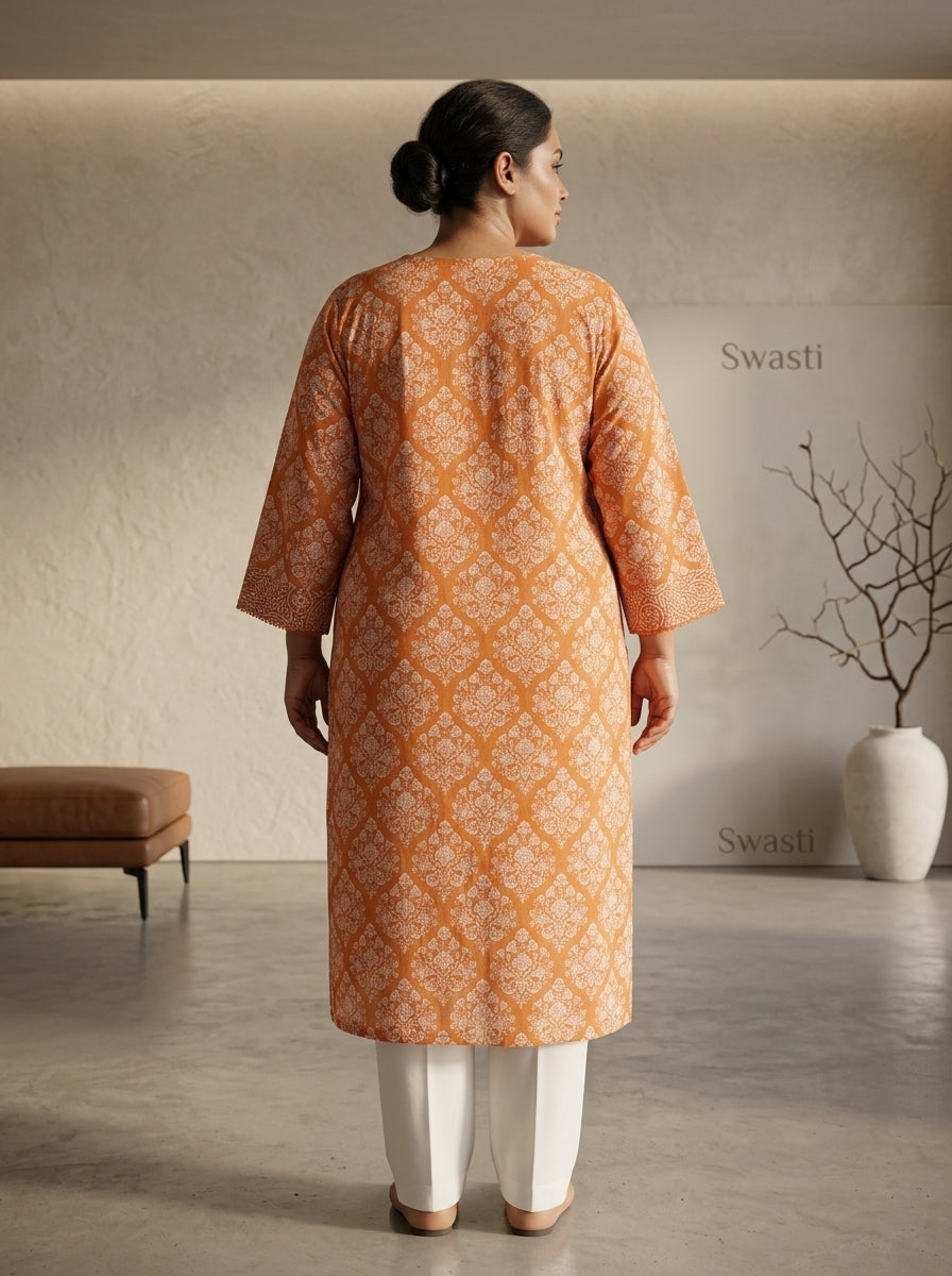 Orange Cotton Floral Print Plus Size Straight Kurta-100109
