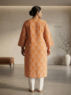Orange Cotton Floral Print Plus Size Straight Kurta-100109