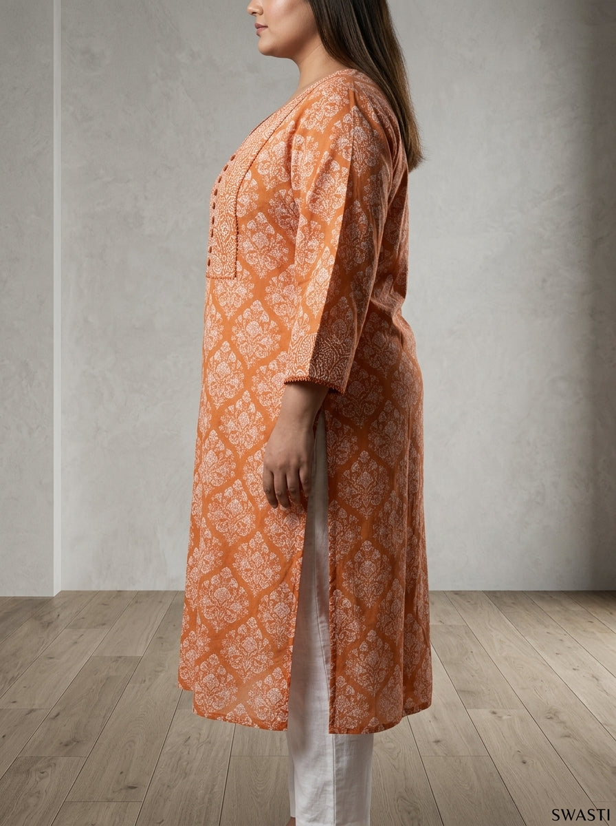 Orange Cotton Floral Print Plus Size Straight Kurta-100109