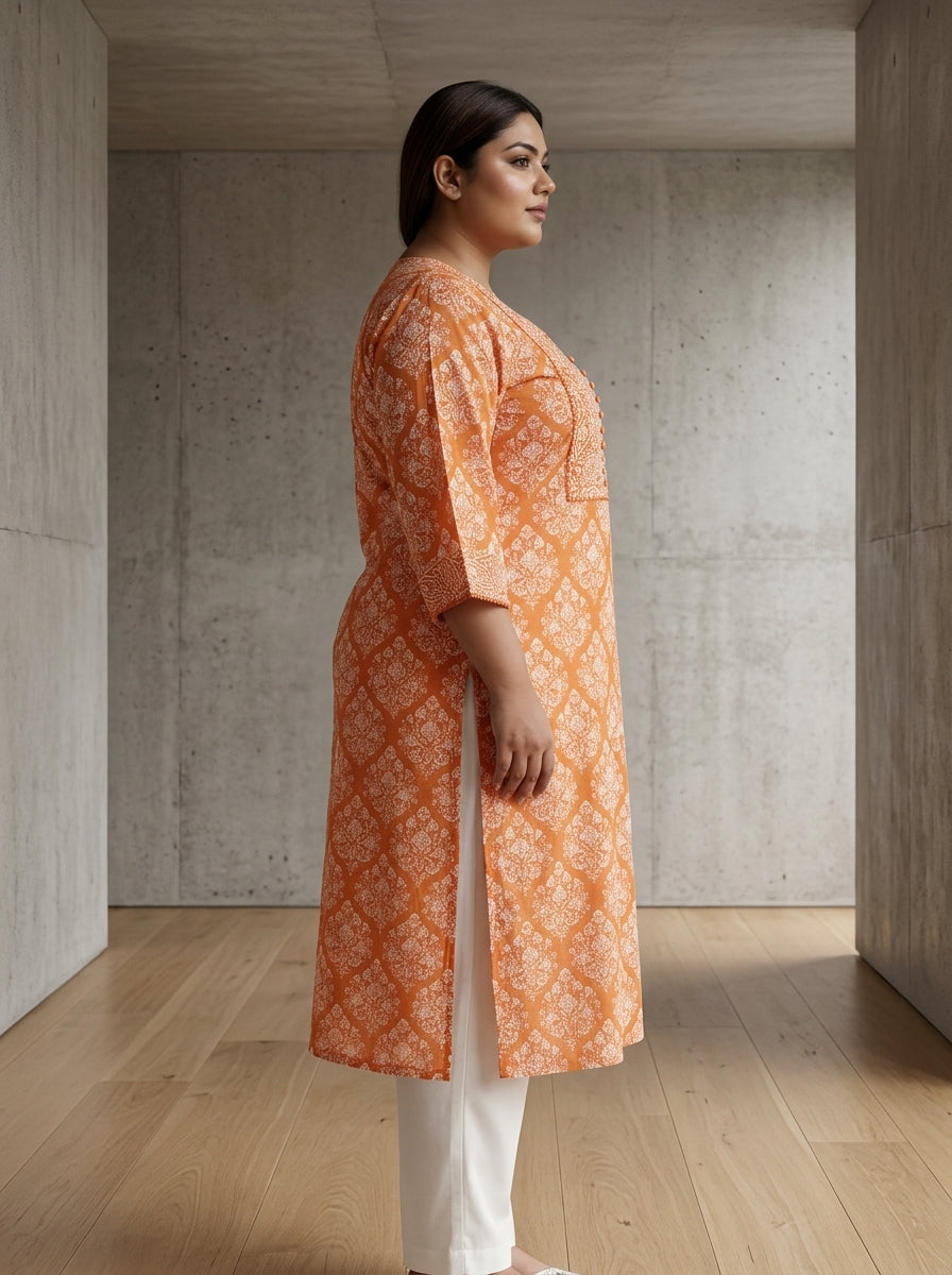 Orange Cotton Floral Print Plus Size Straight Kurta-100109