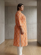 Orange Cotton Floral Print Plus Size Straight Kurta-100109
