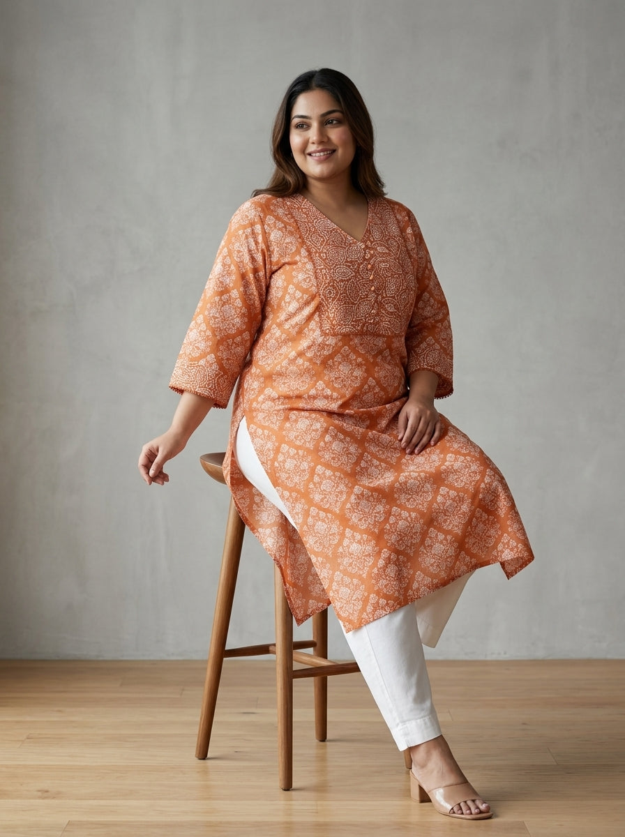 Orange Cotton Floral Print Plus Size Straight Kurta-100109