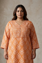 Orange Cotton Floral Print Plus Size Straight Kurta-100109