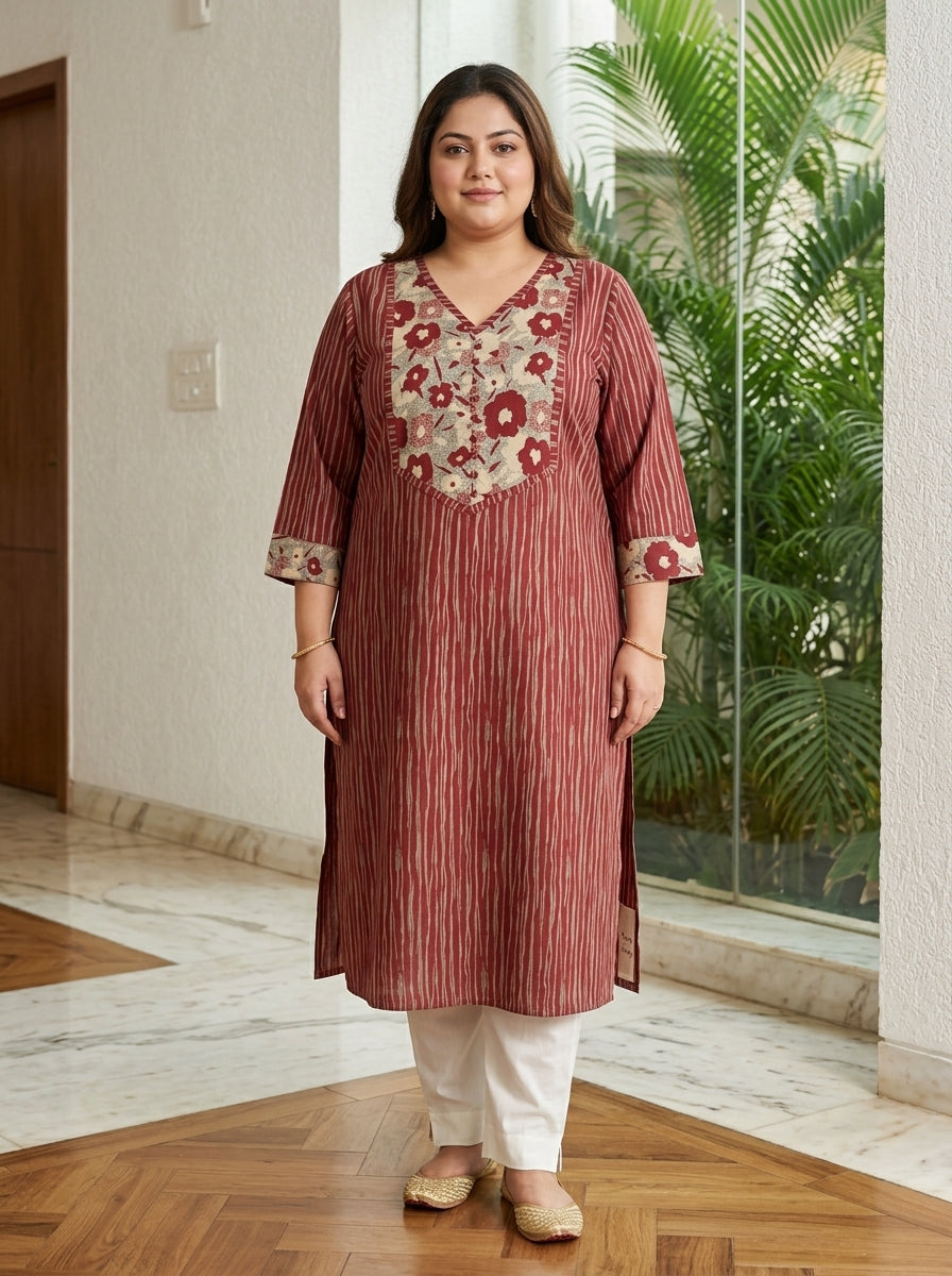 Maroon Pure Cotton Striped Floral Print Kurta Plus Size-100110