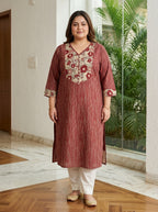 Maroon Pure Cotton Striped Floral Print Kurta Plus Size-100110
