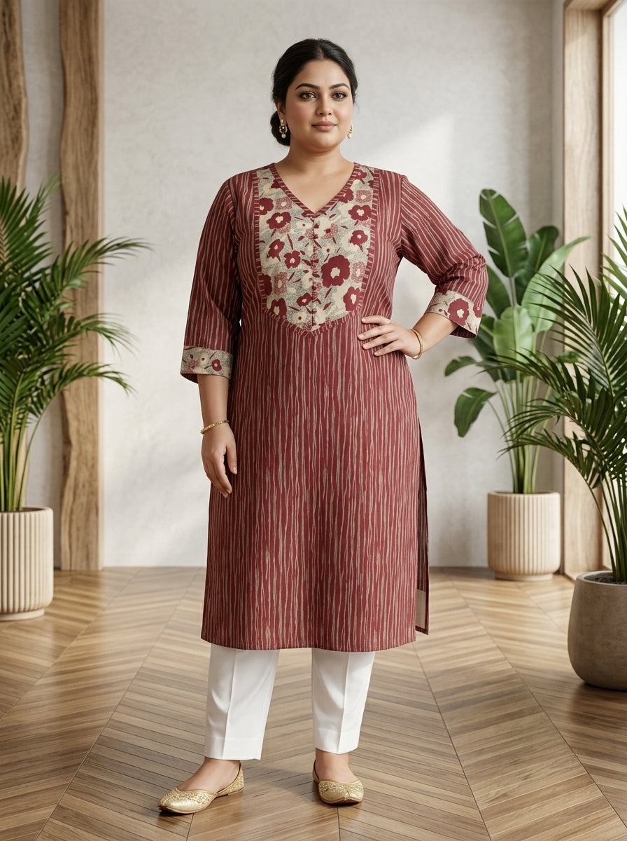 Maroon Pure Cotton Striped Floral Print Kurta Plus Size-100110