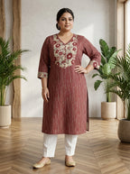 Maroon Pure Cotton Striped Floral Print Kurta Plus Size-100110