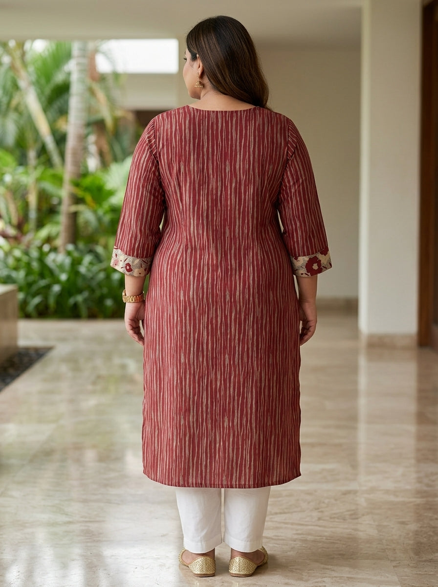 Maroon Pure Cotton Striped Floral Print Kurta Plus Size-100110