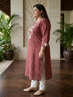 Maroon Pure Cotton Striped Floral Print Kurta Plus Size-100110