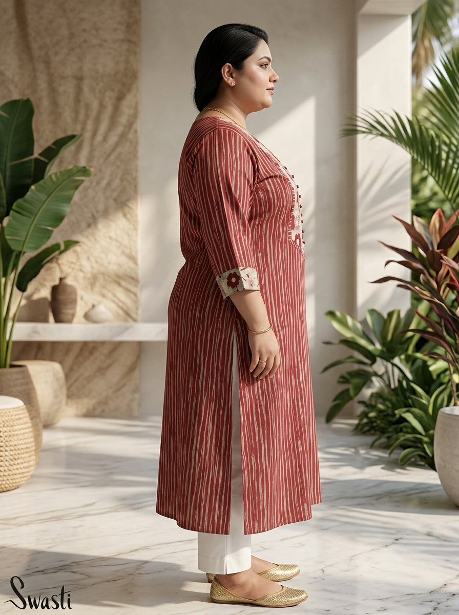 Maroon Pure Cotton Striped Floral Print Kurta Plus Size-100110