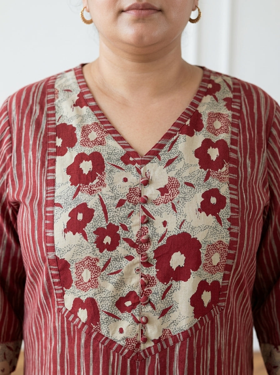 Maroon Pure Cotton Striped Floral Print Kurta Plus Size-100110