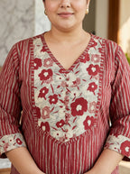 Maroon Pure Cotton Striped Floral Print Kurta Plus Size-100110