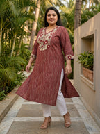 Maroon Pure Cotton Striped Floral Print Kurta Plus Size-100110