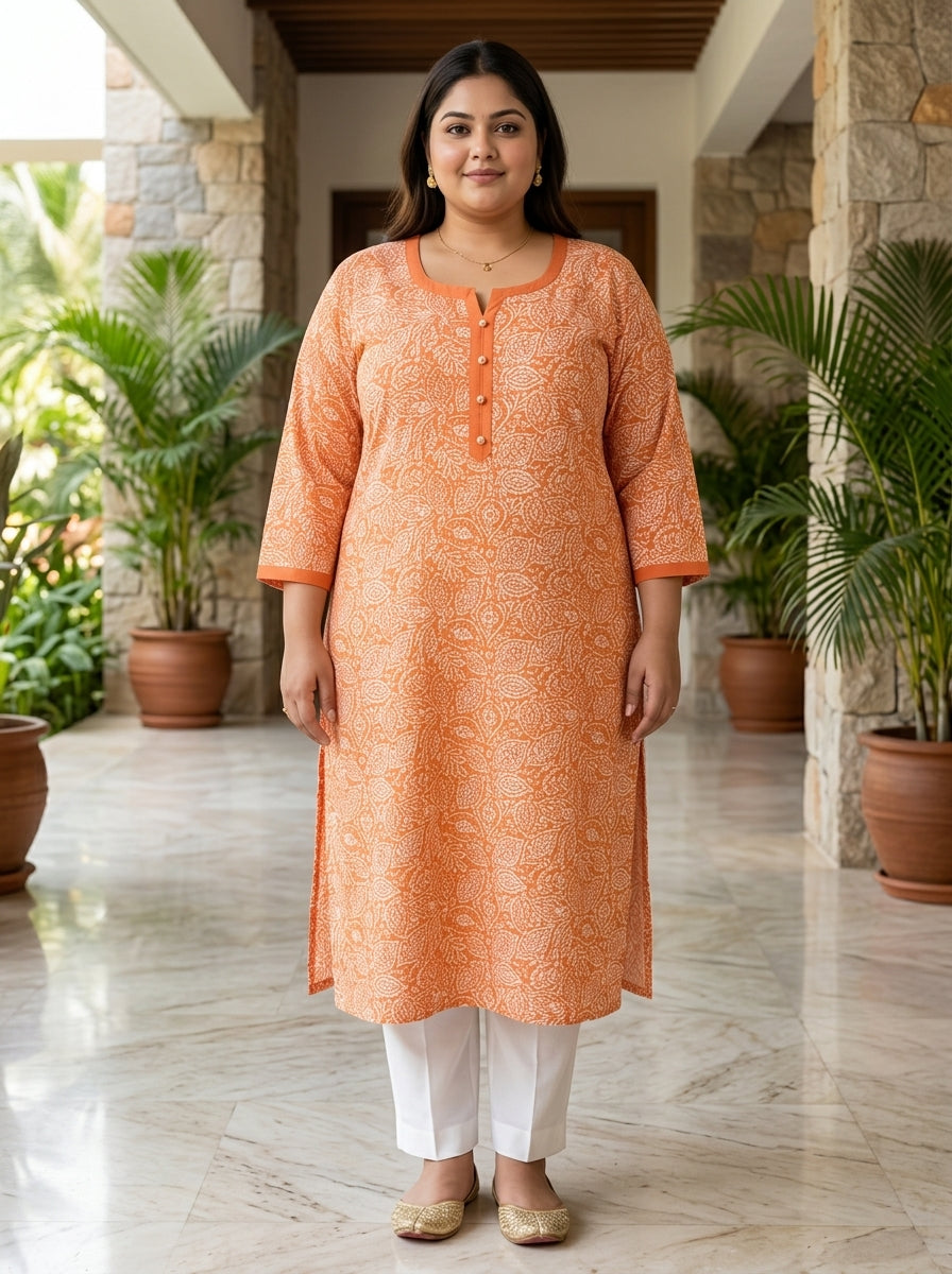 Peach Pure Cotton Floral Print Kurta Plus Size-100111