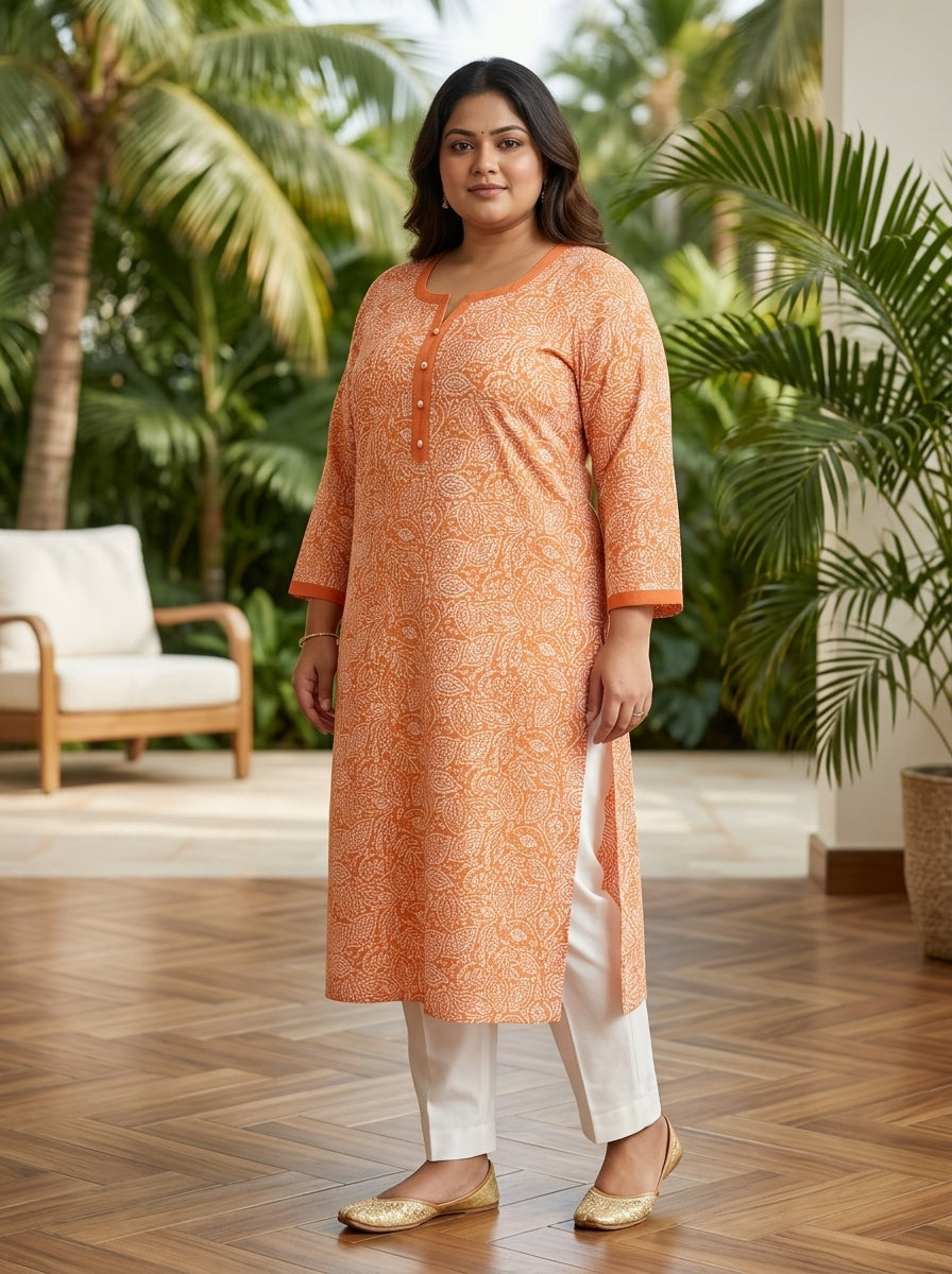 Peach Pure Cotton Floral Print Kurta Plus Size-100111