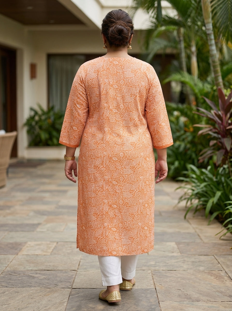 Peach Pure Cotton Floral Print Kurta Plus Size-100111