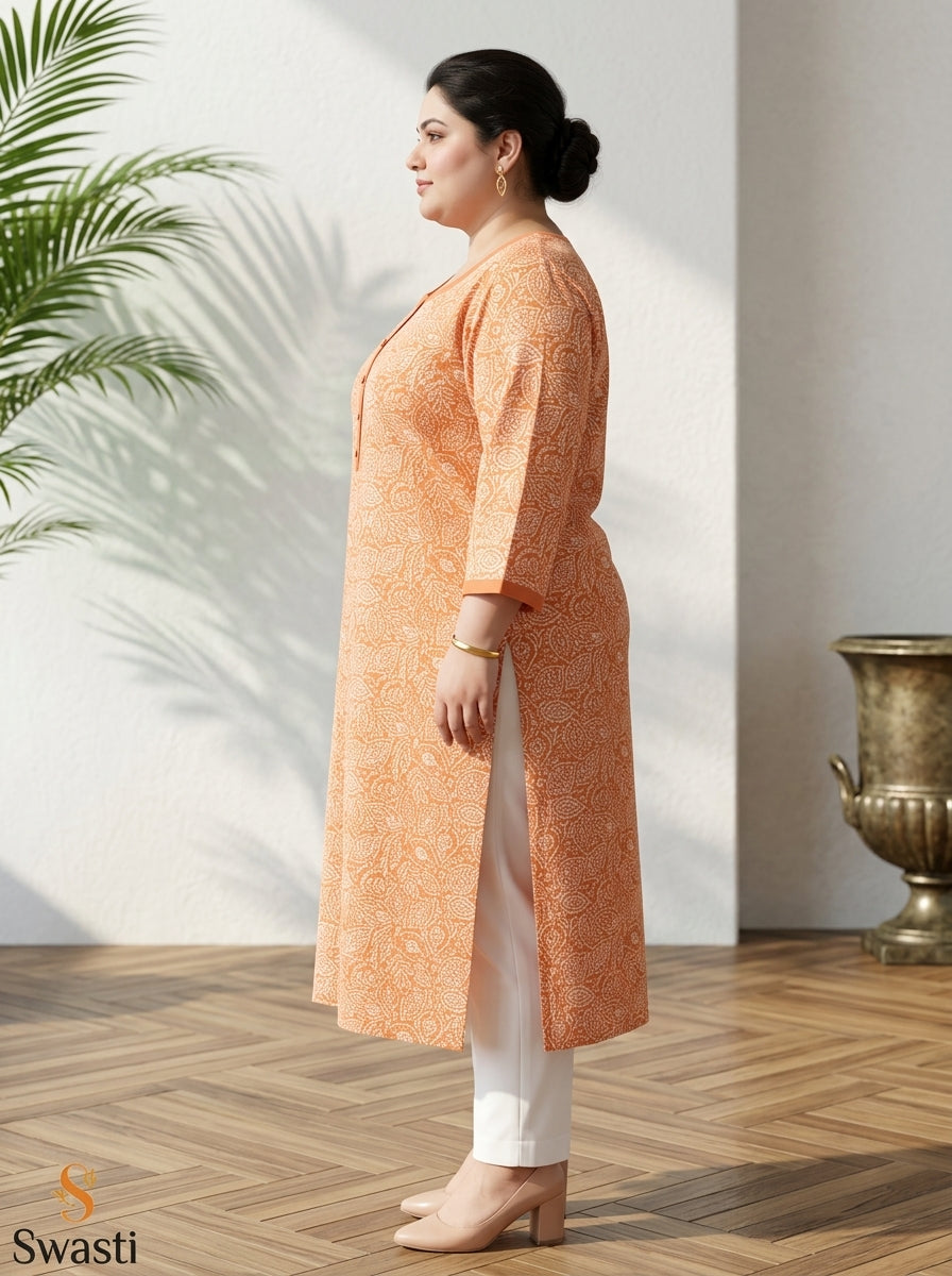 Peach Pure Cotton Floral Print Kurta Plus Size-100111