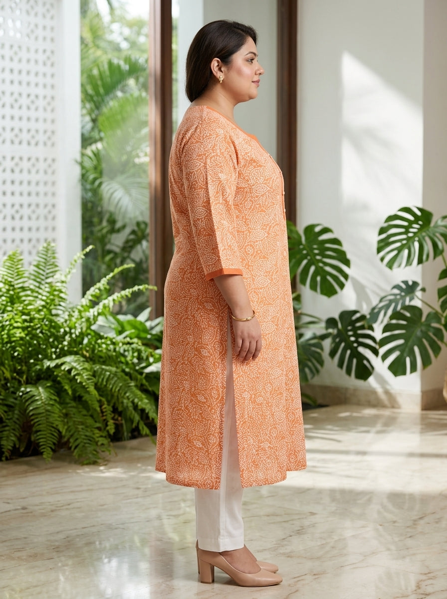 Peach Pure Cotton Floral Print Kurta Plus Size-100111