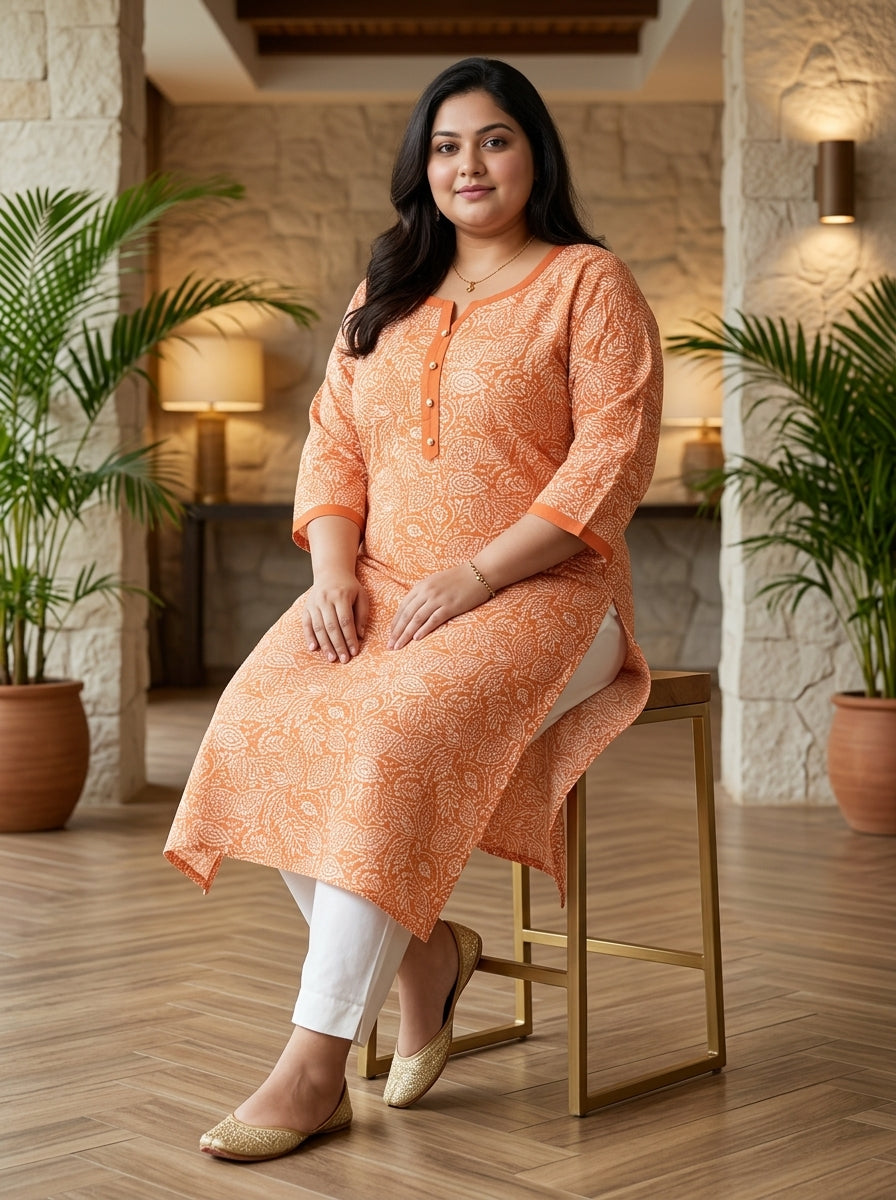 Peach Pure Cotton Floral Print Kurta Plus Size-100111