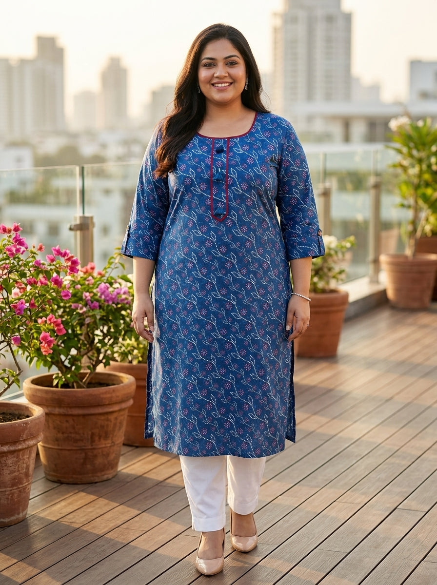 Blue Cotton Bandhani Print Straight Kurta Plus Size-100112