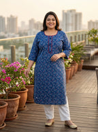 Blue Cotton Bandhani Print Straight Kurta Plus Size-100112