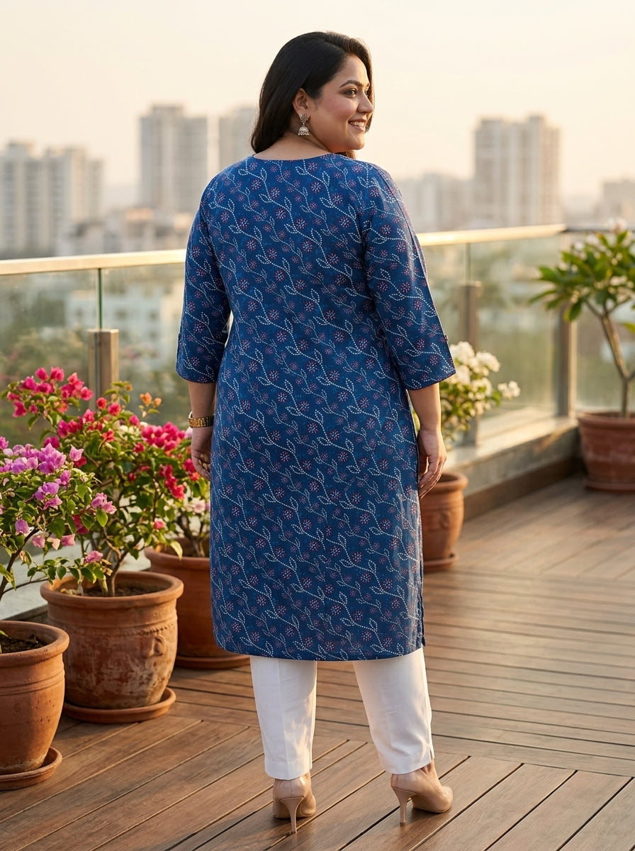 Blue Cotton Bandhani Print Straight Kurta Plus Size-100112