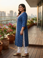 Blue Cotton Bandhani Print Straight Kurta Plus Size-100112