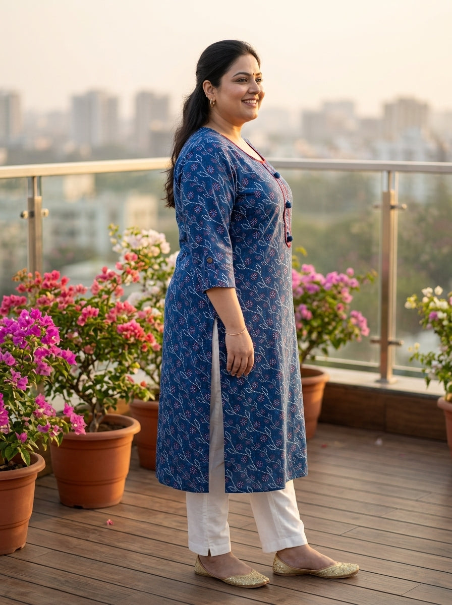 Blue Cotton Bandhani Print Straight Kurta Plus Size-100112