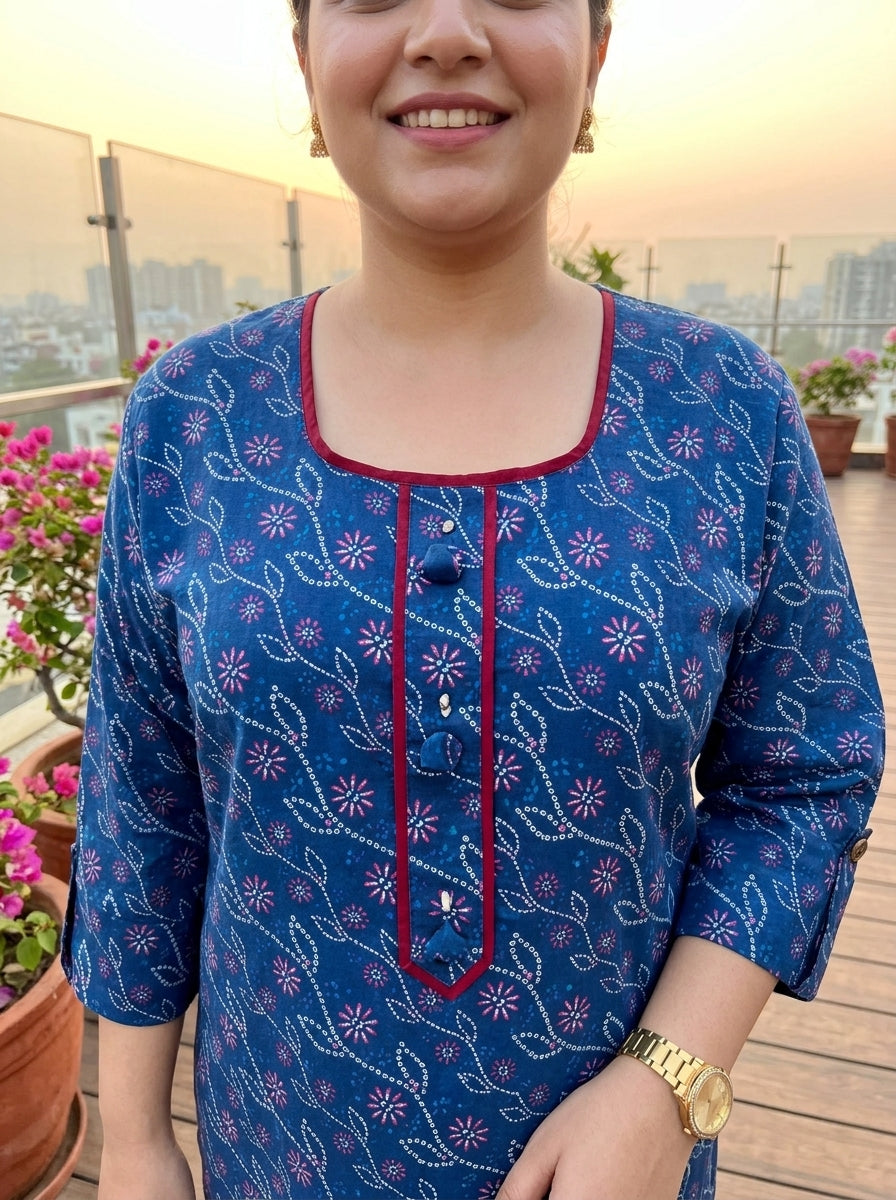 Blue Cotton Bandhani Print Straight Kurta Plus Size-100112