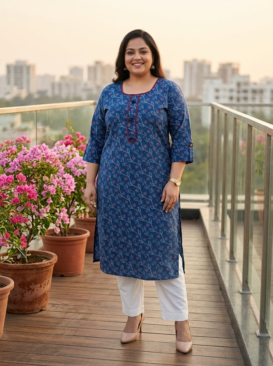 Blue Cotton Bandhani Print Straight Kurta Plus Size-100112