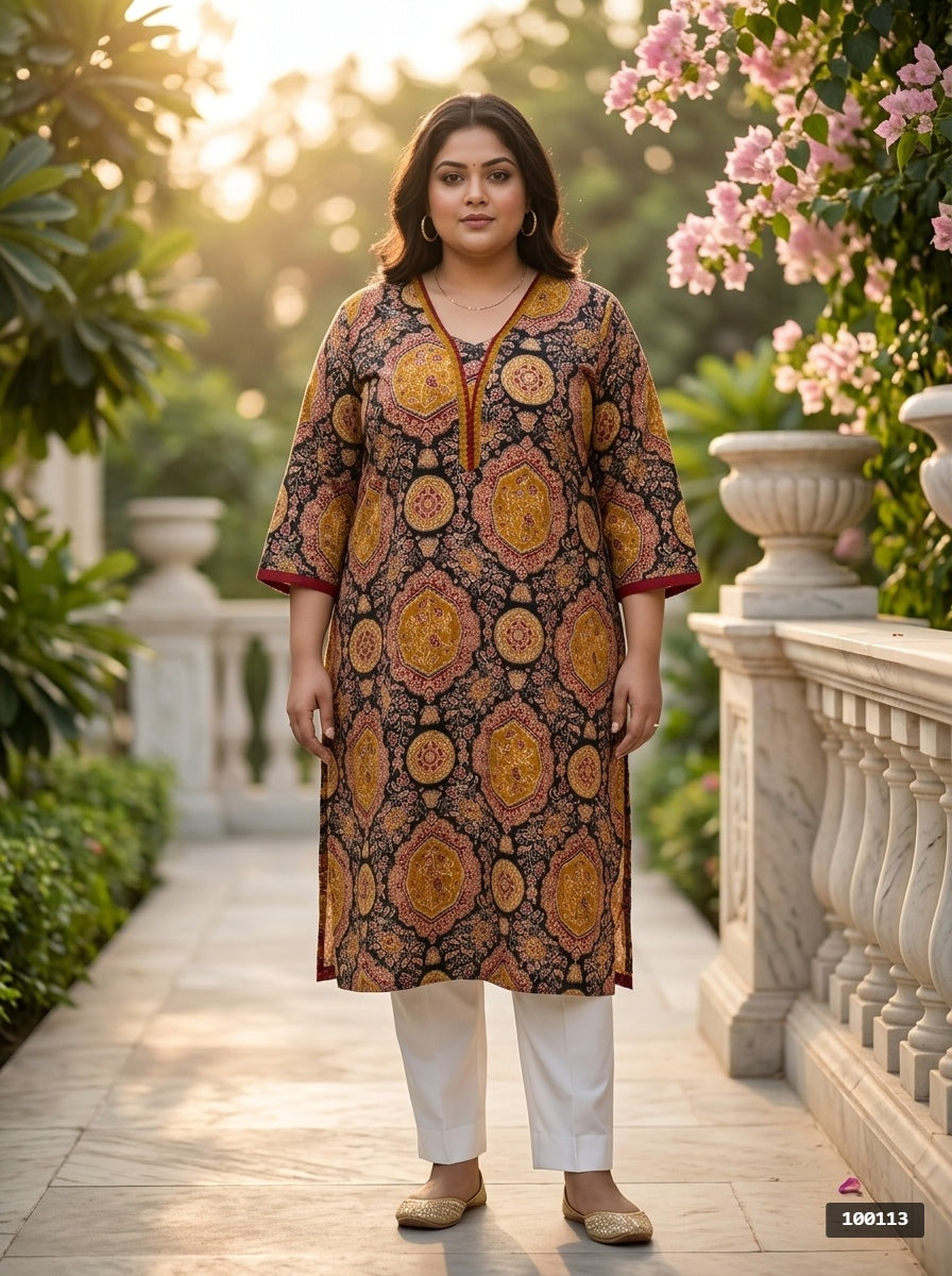 Plus Size Black Cotton Ajrakh Print Straight Kurta-100113