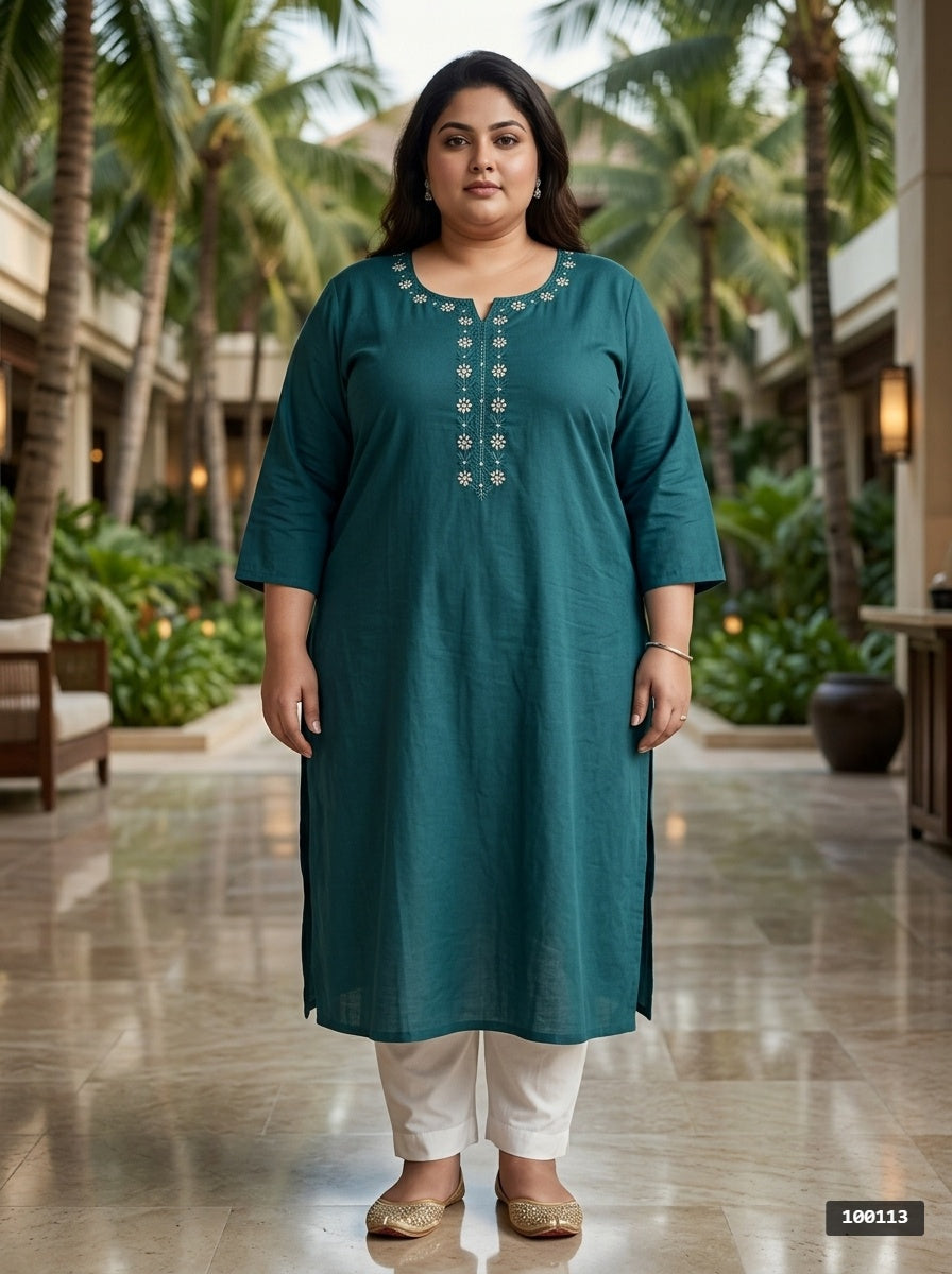 Plus Size Blue Cotton Solid Print Straight Kurta-100102 Secondary image