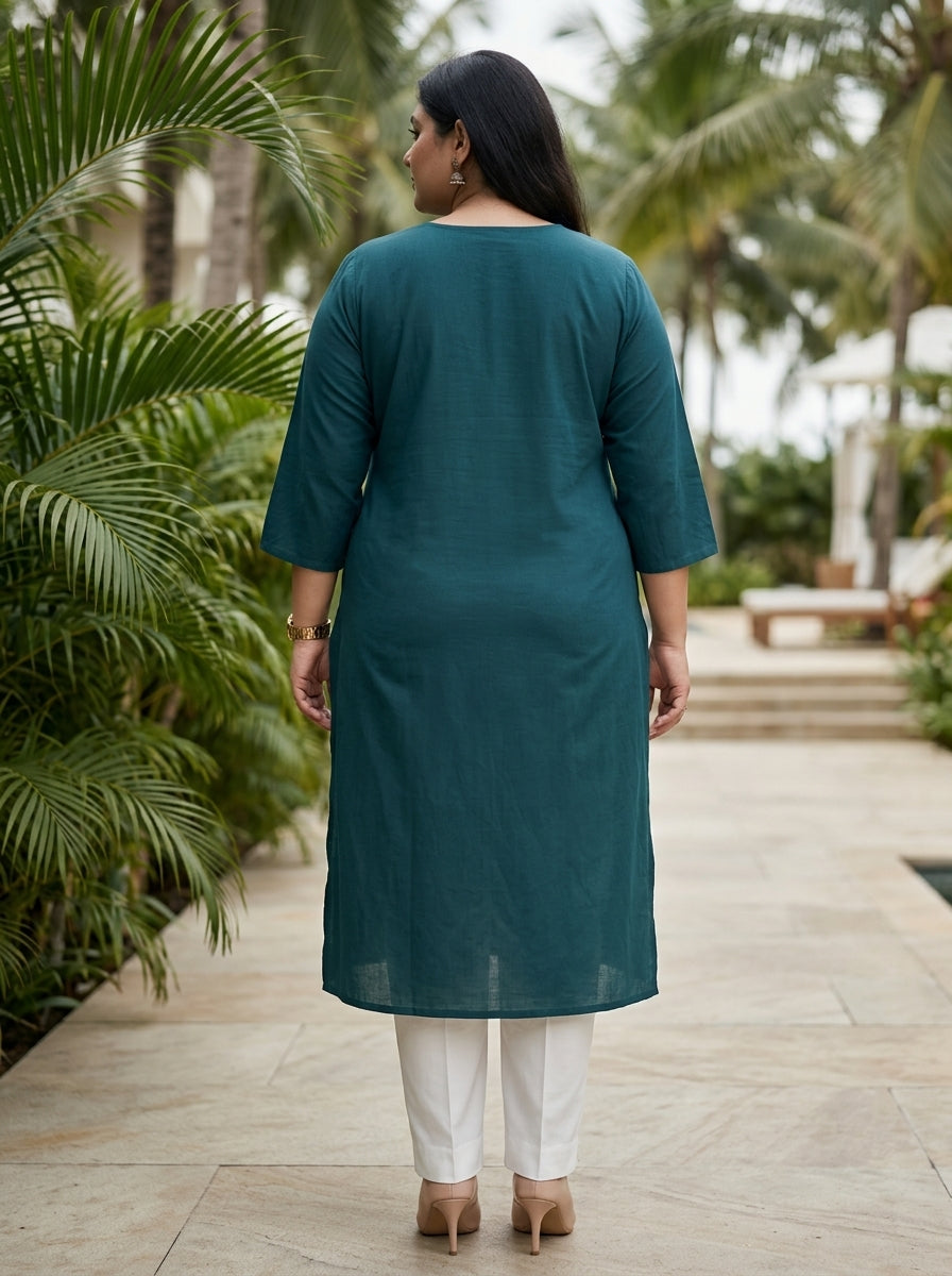 Plus Size Blue Cotton Solid Print Straight Kurta-100102