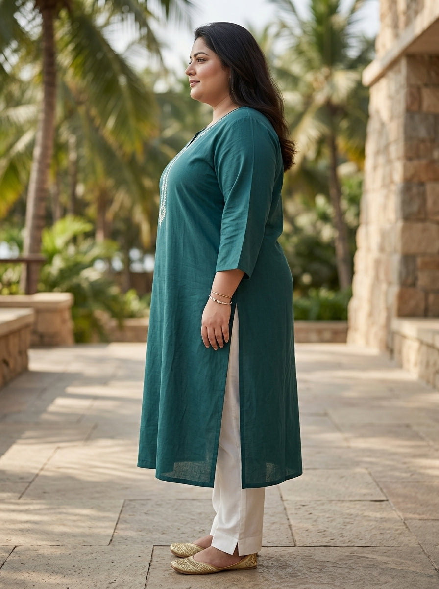Plus Size Blue Cotton Solid Print Straight Kurta-100102