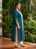 Plus Size Blue Cotton Solid Print Straight Kurta-100102