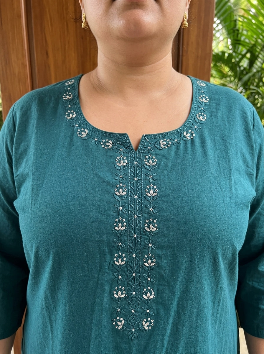 Plus Size Blue Cotton Solid Print Straight Kurta-100102