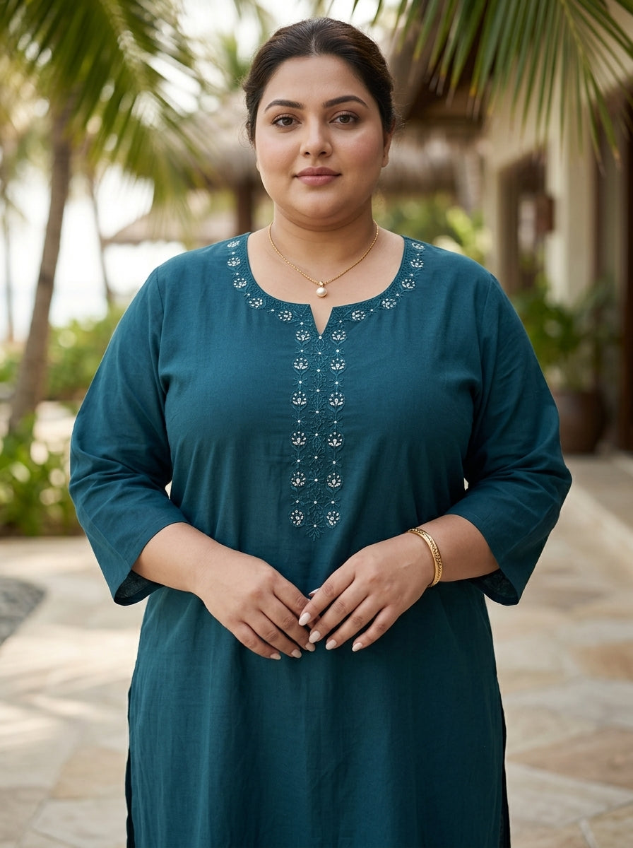 Plus Size Blue Cotton Solid Print Straight Kurta-100102
