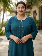 Plus Size Blue Cotton Solid Print Straight Kurta-100102