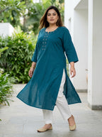 Plus Size Blue Cotton Solid Print Straight Kurta-100102